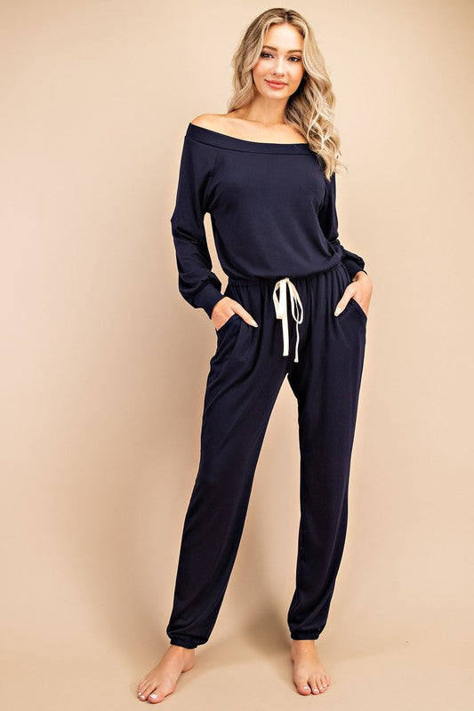 OFF THE SHOULDER DRAWSTRING JUMPSUIT