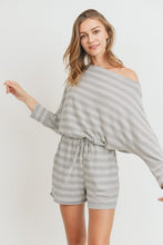 Load image into Gallery viewer, Off Shoulder Pocket Black and White Striped Knit Romper
