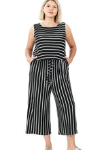 Load image into Gallery viewer, Striped Capri Romper - Black and Ivory (Plus Sizing)
